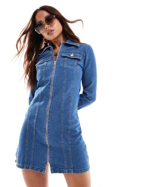 Miss Selfridge - Denim overhemdjurk met rits in mid-wash blauw - view 1