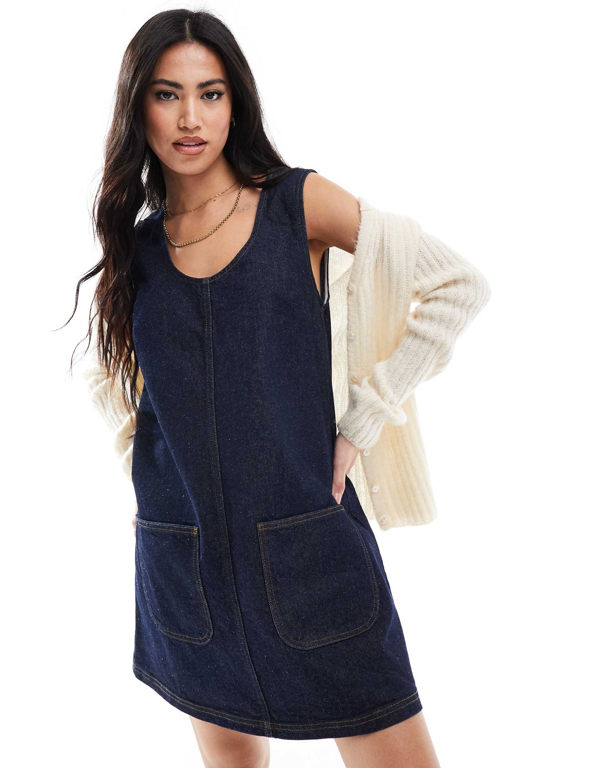 miss selfridge denim patch pocket pinny dress