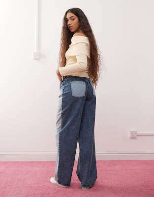 Miss Selfridge Denim Patched Baggy Jean In Blue