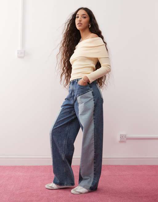 Miss Selfridge denim patched baggy jean in blue wash, 3 of 5