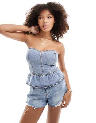 Miss Selfridge Denim Peplum Bandeau Top In Bleach Wash-blue