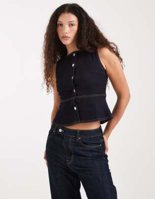 Miss Selfridge Denim Peplum Cinched Vest In Animal Print