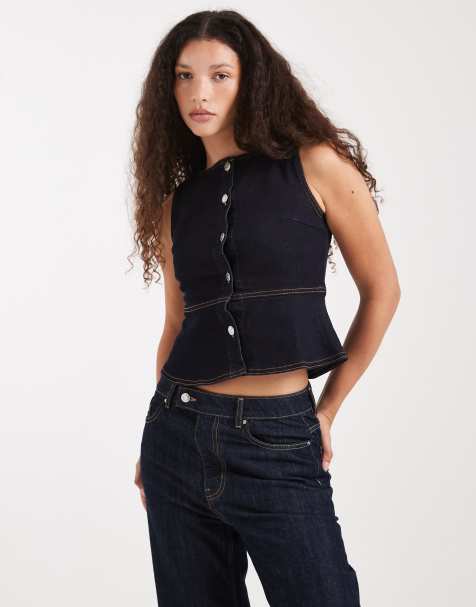 Miss Selfridge denim peplum cinched vest in indigo - view 1