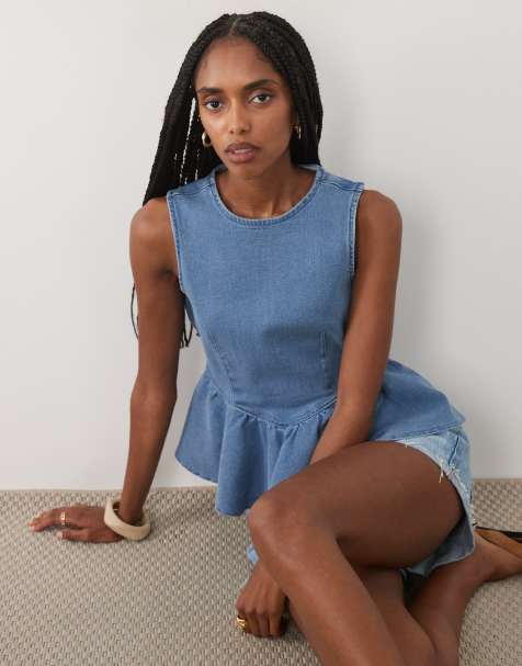 Miss Selfridge denim peplum-topp i ljus tvätt - view 1