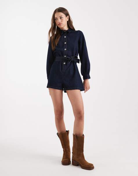 Miss Selfridge - Denim-playsuit i indigoblå vask med bælte - view 1
