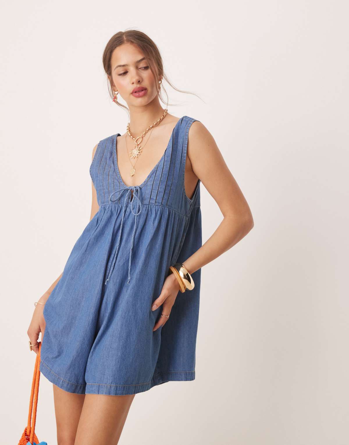 Miss Selfridge denim playsuit with pintuck detail in blue wash