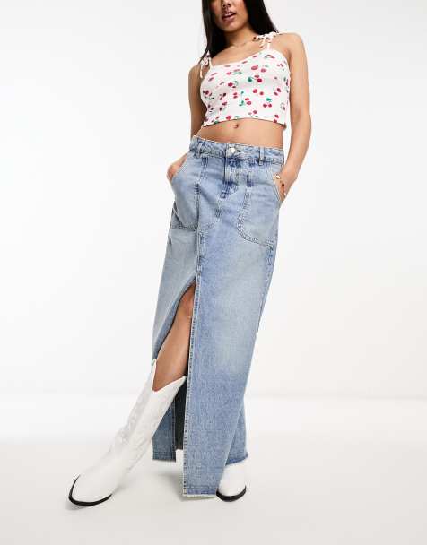 Miss Selfridge denim pocket detail maxi skirt in light wash blue - view 1