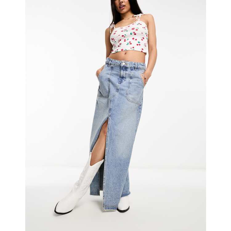 【Anyone more】Emoji Washing Denim Pants Skirt Bridget - Washed Denim Blue - Blue denim knee-length skirt