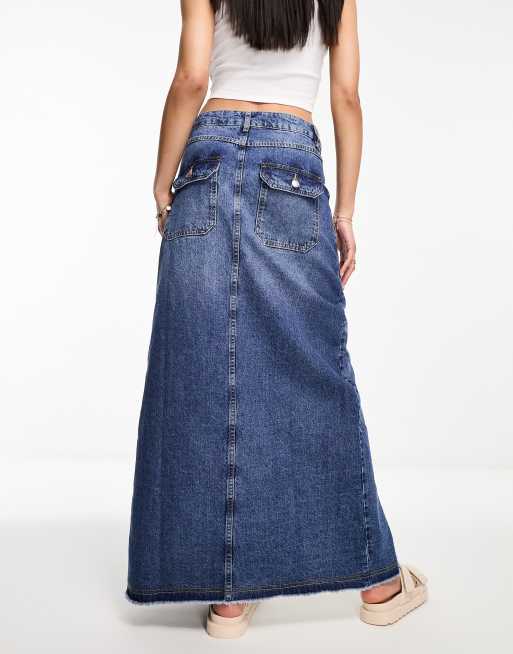 Miss Selfridge denim pocket detail maxi skirt in mid wash blue