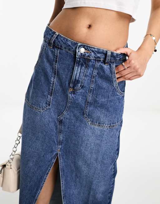 Miss Selfridge denim pocket detail maxi skirt in mid wash blue