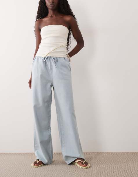 MIss Selfridge denim pull on trouser with contrast stitch in light wash - view 1