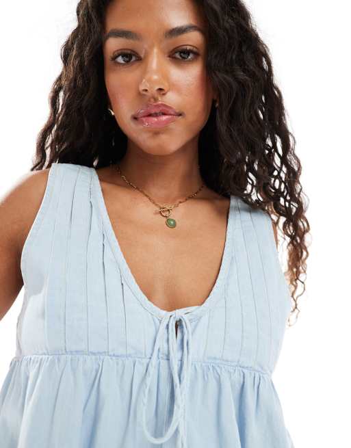 Miss Selfridge denim romper with pintuck detail in bleach wash, 3 of 4