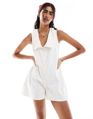 denim sailor romper in ecru wash-White
