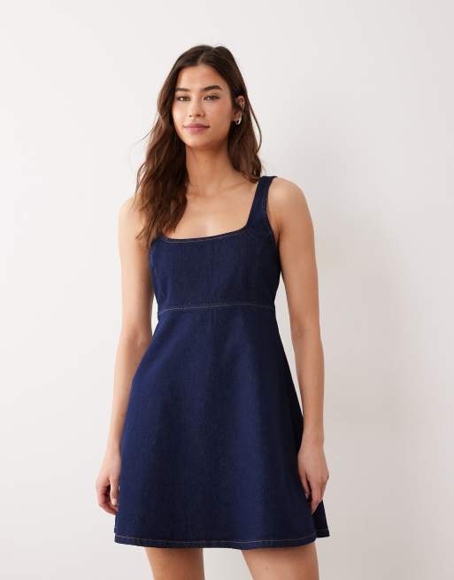 Miss Selfridge denim shift mini dress with seam detail in indigo, 2 of 4