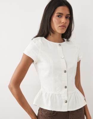 Miss Selfridge denim short sleeve peplum top co ord in cream