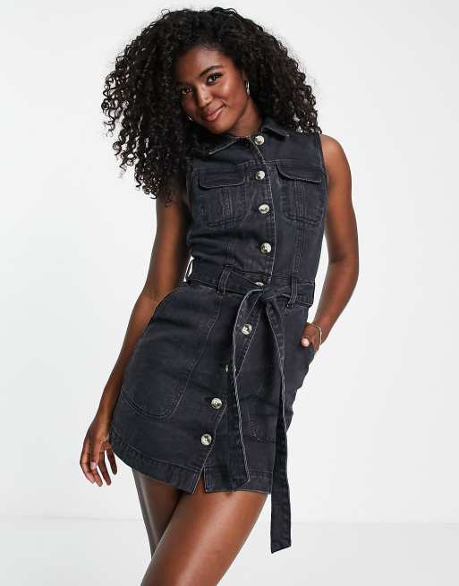 Black denim belted hot sale dress