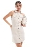 [Miss Selfridge] Miss Selfridge denim sleeveless button shirt dress in ecru-White 14 CREAM