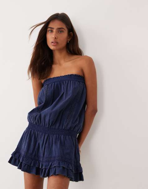 Miss Selfridge denim strapless dress in blue wash - view 1