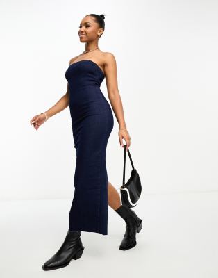 denim stretch bandeau maxi dress in indigo wash-Blue