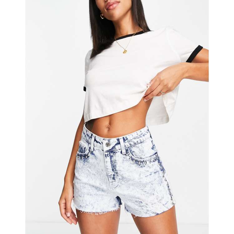 Miss Selfridge denim studded shorts in acid bleach wash ClassicfuncenterShops fringed detail sheer panel dress Blu