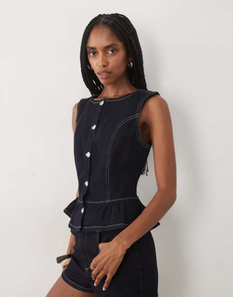Miss Selfridge denim top met knoopsluiting en peplum met contrasterende stiksels in indigo wassing - view 1