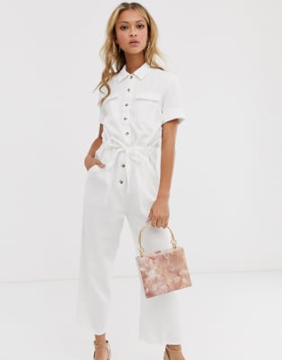 white denim utility jumpsuit