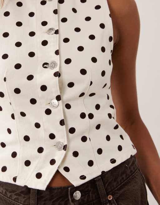Miss Selfridge denim vest in ecru polka dots, 3 of 4
