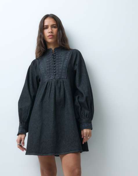 Miss Selfridge denim victoriana smock dress in washed black - view 1