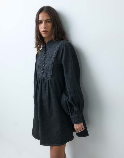 Miss Selfridge denim victoriana smock dress in washed black, 4 of 5