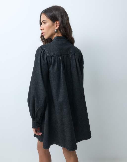 Miss Selfridge denim victoriana smock dress in washed black, 5 of 5