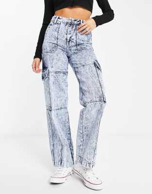 Miss Selfridge denim wide leg cargo jeans in dark acid wash blue