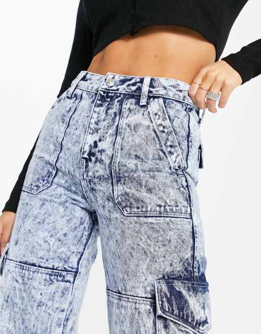 Acid Wash High Waisted Denim Cargo Joggers