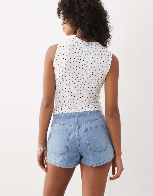 Miss Selfridge denim wrap skort with broderie trim in mid wash, 5 of 5