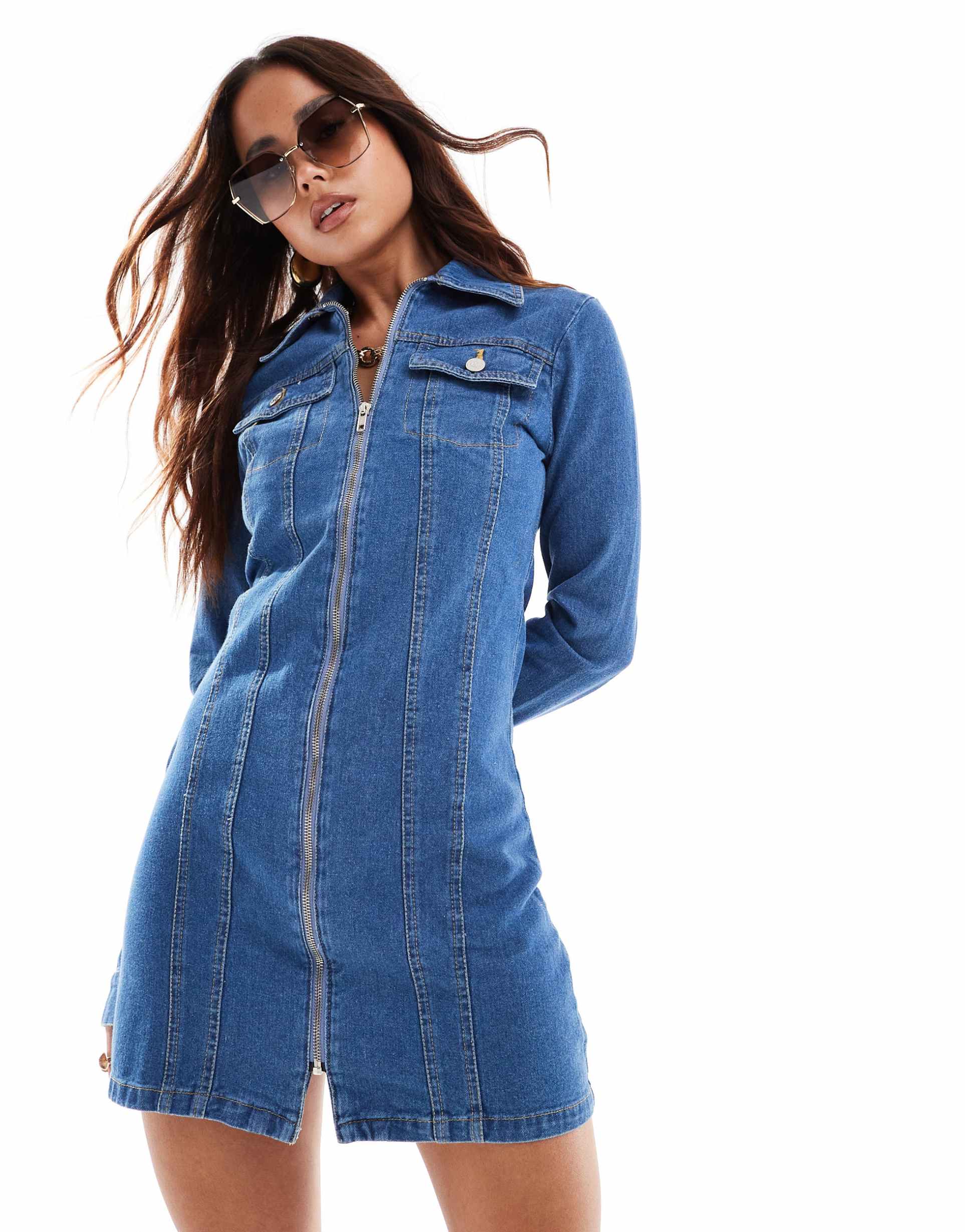 miss selfridge denim zip detail shirt dress in mid blue wash