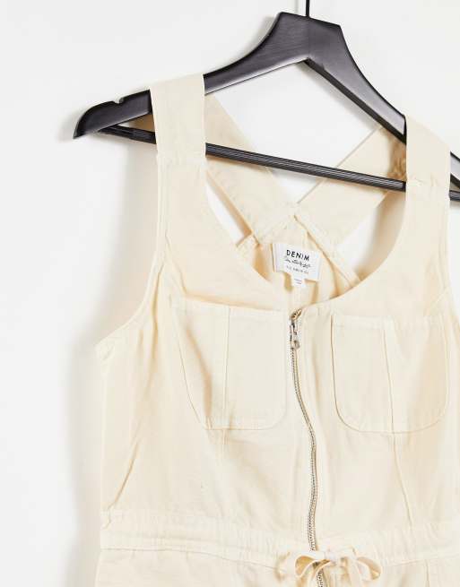 Miss Selfridge denim zip front playsuit in white, 2 of 4