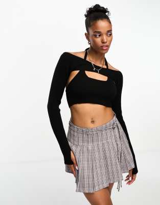 Miss Selfridge Miss Selfridge detachable arm warmer halterneck rib knit top in black