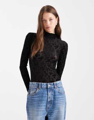 Miss Selfridge Devore High Neck Bodysuit In Black