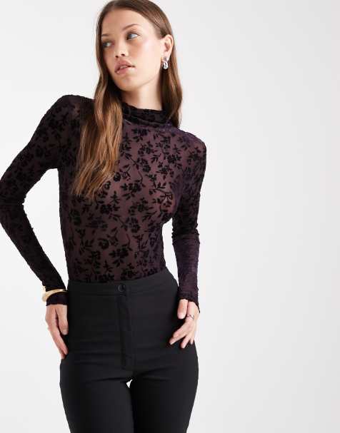 Miss Selfridge devore high neck bodysuit in purple - view 1