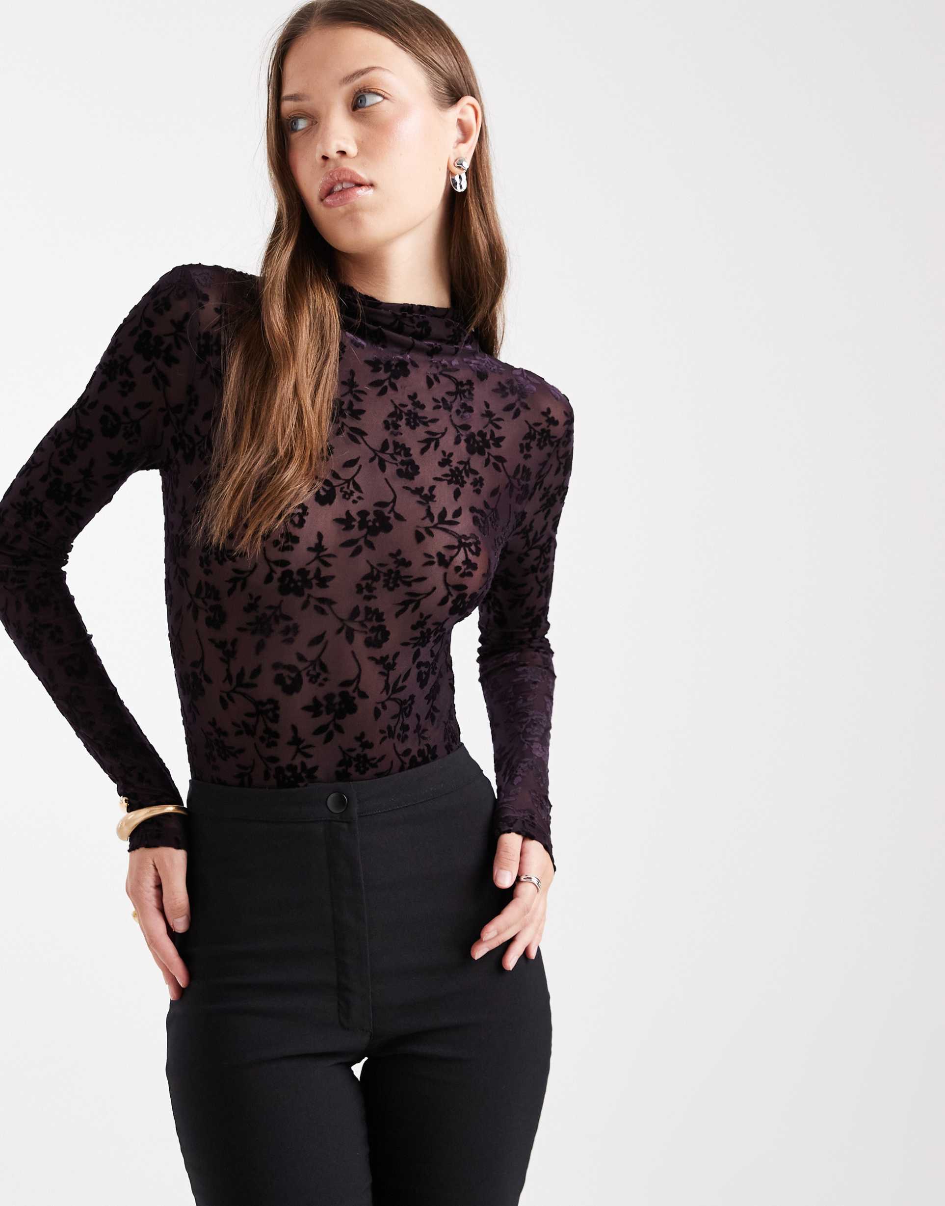 miss selfridge devore high neck bodysuit in purple