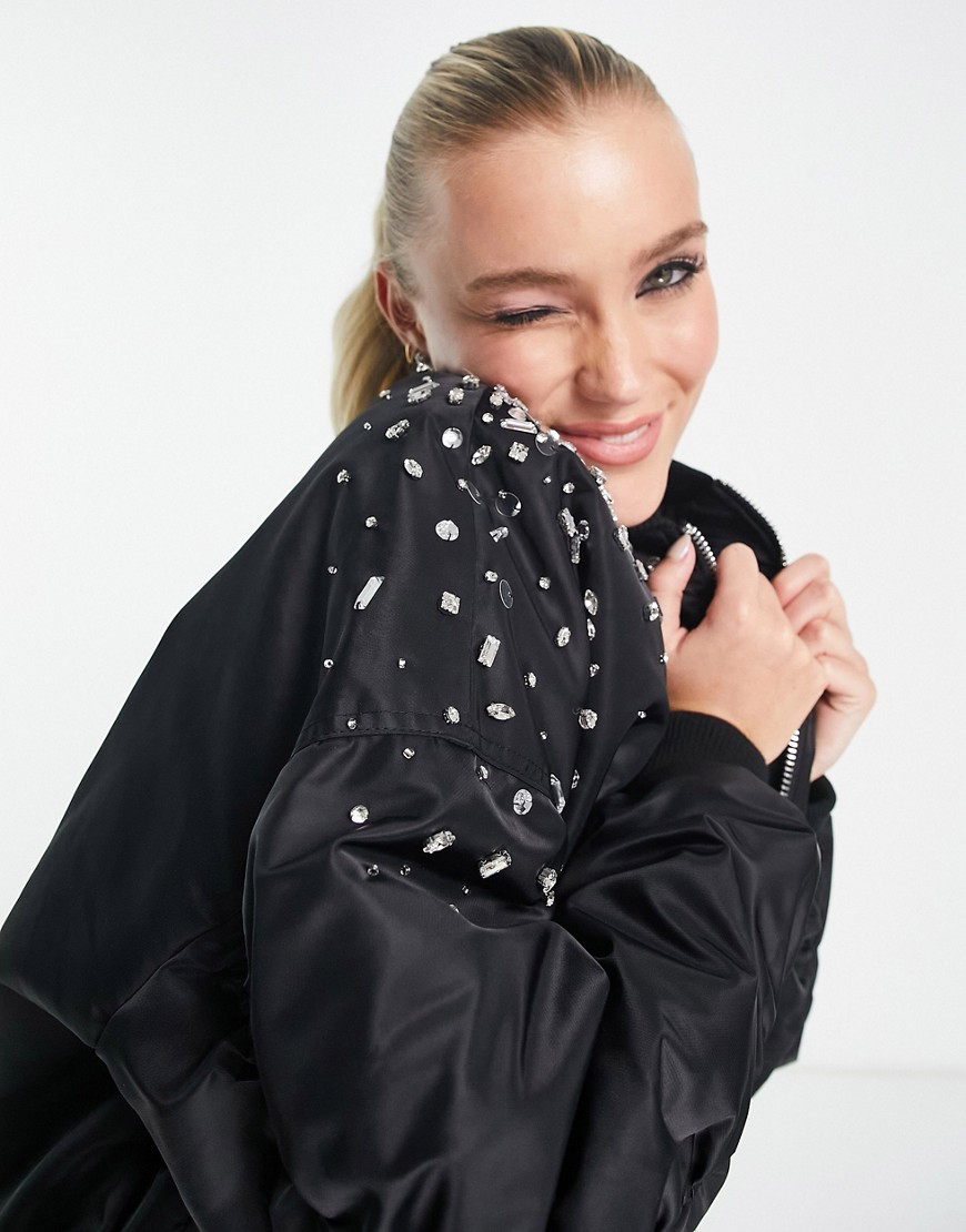 Miss Selfridge diamante embellished longline bomber jacket in black