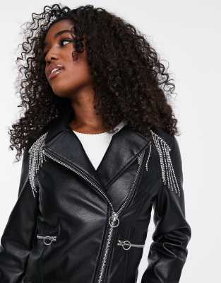 Miss Selfridge diamante fringe biker jacket in black ASOS