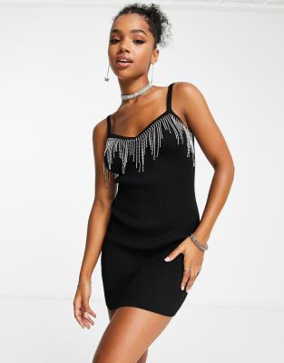 Miss Selfridge Lace Trim Satin Slip Mini Dress in Black