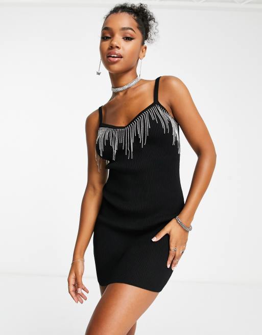 AROLORA Rhinestone Fringe Backless Mini Dress Black / S