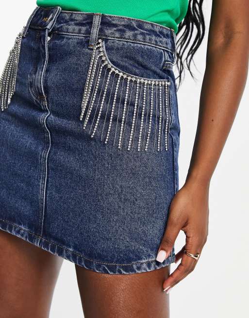 Fringe blue jean skirt sale