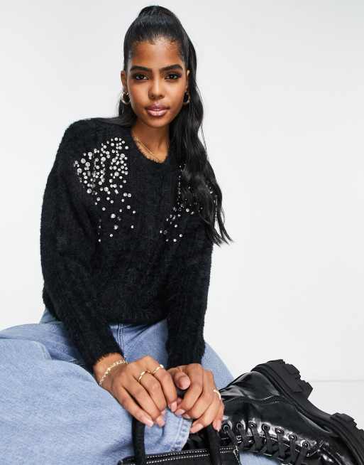 Miss Selfridge diamante shoulder fluffy cable knit jumper in black | ASOS