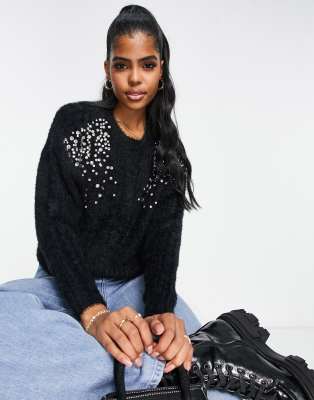 Miss Selfridge Diamante Shoulder Fluffy Cable Knit Sweater In Black