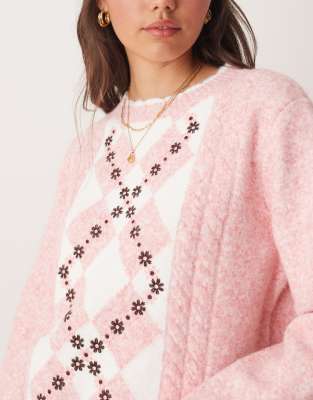 Miss Selfridge Diamond Floral Embroidered Knit Sweater-pink In Pink