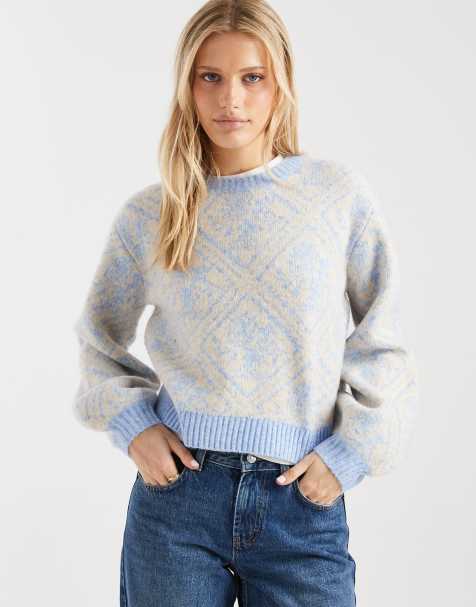 Miss Selfridge diamond floral slouchy jumper in light blue - view 1