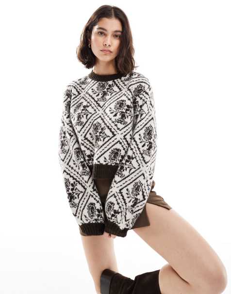 Miss Selfridge diamond floral slouchy sweater in mono - view 1