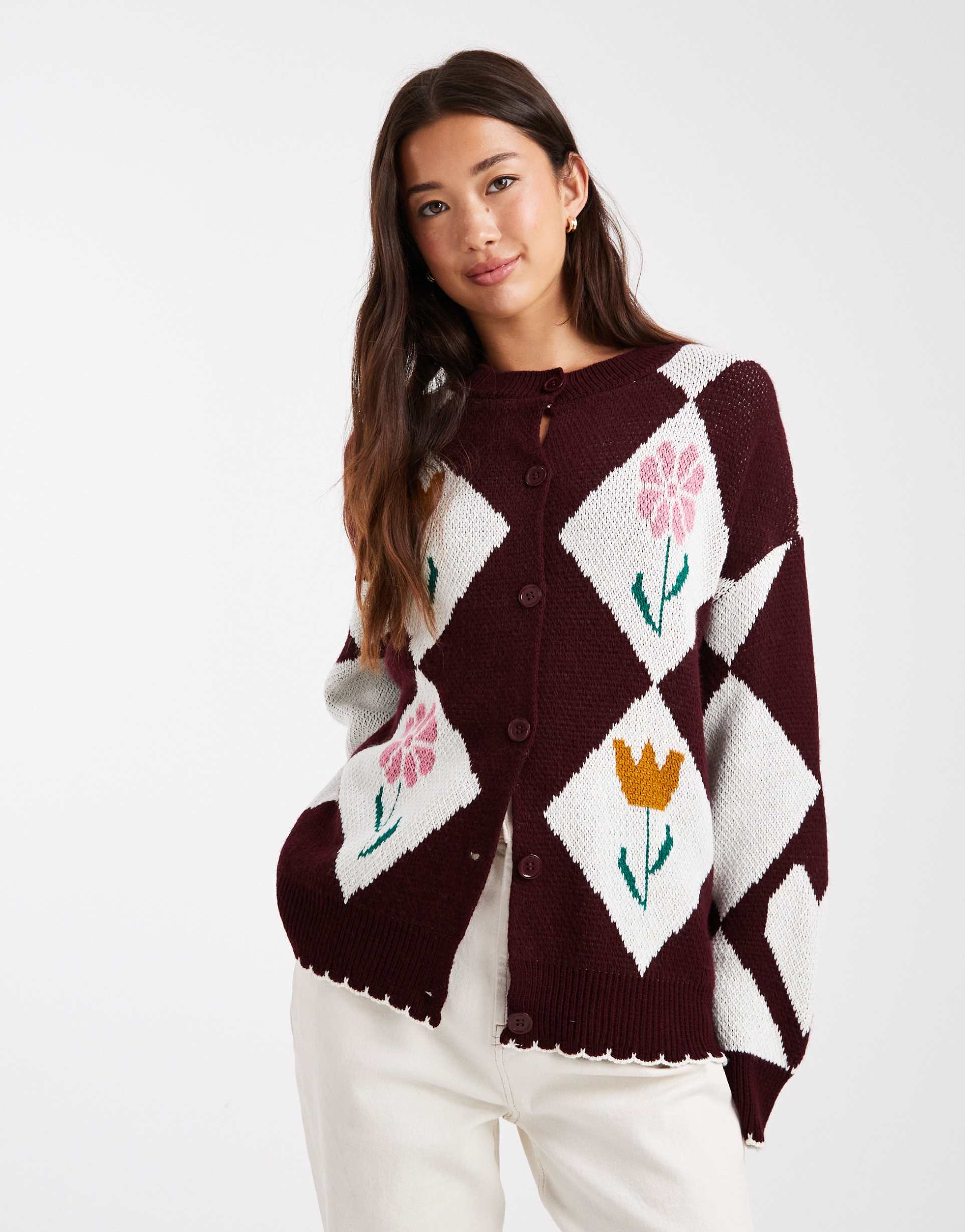 miss selfridge diamond & flower crew cardigan in burgundy